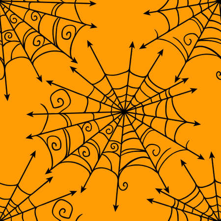 Spiderweb vector Halloween seamless pattern. Design web background for party poster. Hand drawn cartoon illustration in black over orange.のイラスト素材