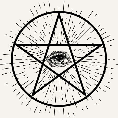 Eye of Providence, sacred Masonic symbol. All seeing eye with rays of light inside the pentacle....