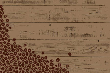 Roasted coffee beans over wood blank frame. Graphic menu dark wooden rustic template vector...