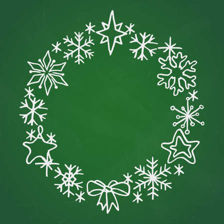 Christmas hand drawn doodle snowflakes and stars wreath. Vector winter holiday chalk illustration over green chalkboard.のイラスト素材