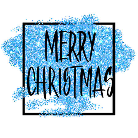 Handwritten Christmas greetings, modern festive calligraphy lettering for postcards. Black text over blue glitter frame. Holiday season design, vector illustration.のイラスト素材