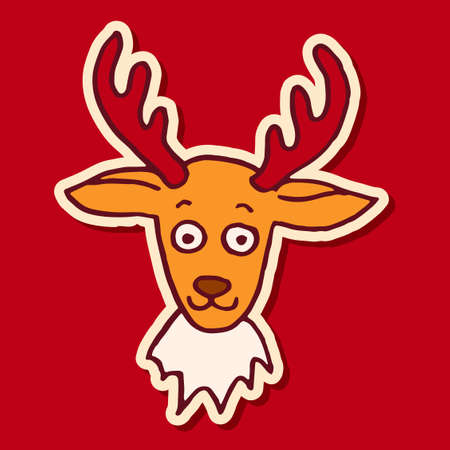 Hand drawn reindeer, Christmas doodle design element. Winter holidays greeting card item isolated over red background. Vector illustration.のイラスト素材