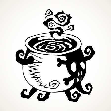 Witch cauldron with boiling potion. Hand drawn Halloween celebration design element symbol. Vector illustration in black isolated over white.のイラスト素材