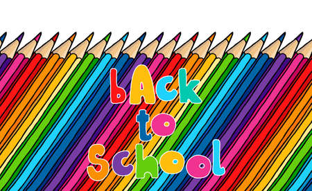Hand drawn vector doodle comic Back to School words and multicolor crayon pencils isolated over white background. Education greetings illustration.のイラスト素材
