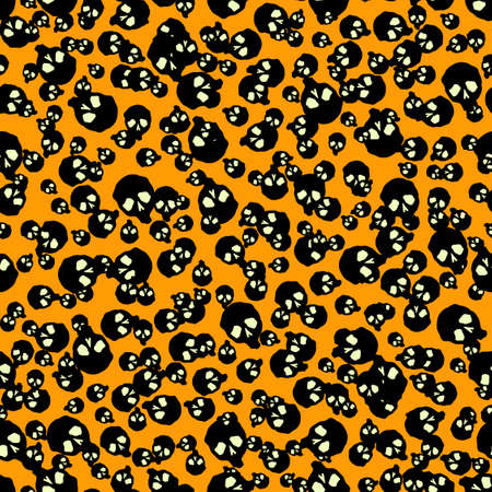 Vector Halloween doodle skulls seamless pattern. Design background for party poster. Hand drawn cartoon illustration. Objects isolated over orange.のイラスト素材