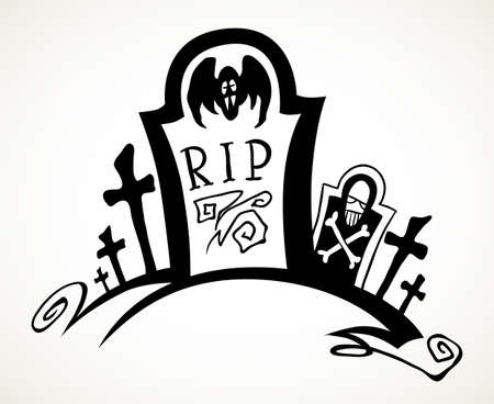 Graveyard tombstone and crosses. Hand drawn Halloween celebration design element symbol. Vector illustration in black isolated over white.のイラスト素材