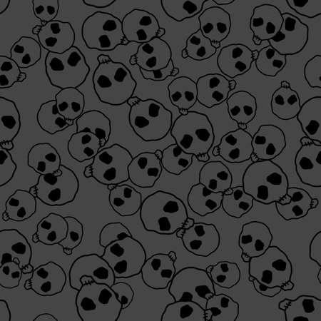 Vector Halloween doodle skulls seamless pattern. Design background for party poster. Hand drawn cartoon illustrationin black over dark gray.のイラスト素材