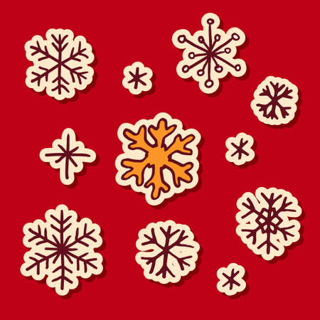 Snowflakes - hand drawn Christmas doodle design elements set. Winter holidays greeting card items isolated over red background.のイラスト素材