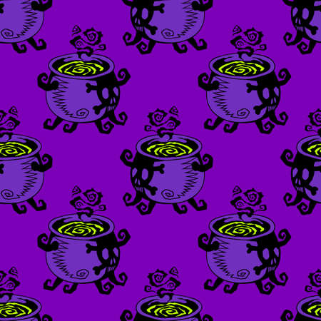 Witch cauldron with green boiling potion, vector Halloween seamless pattern. Design background for party poster.のイラスト素材