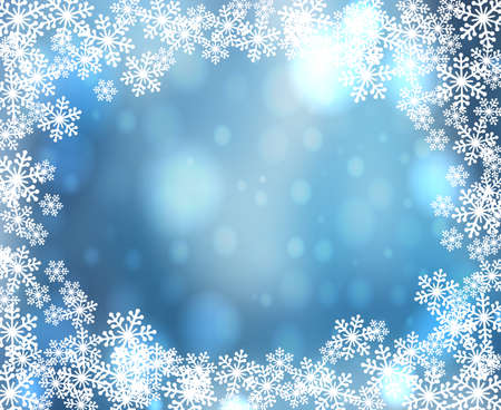 Christmas snowflakes blank frame vector illustration. Greeting card winter light blue background with bokeh lights.のイラスト素材