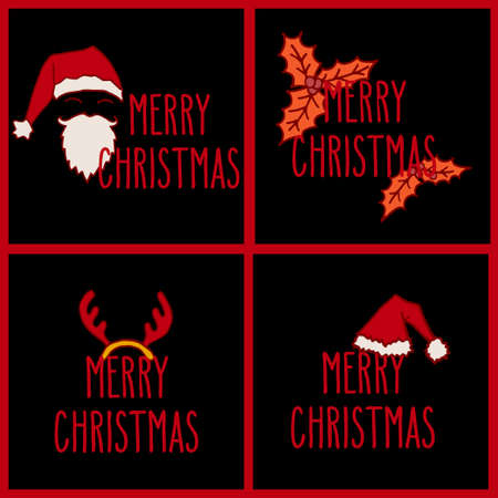 Merry Christmas hand drawn doodle greeting cards set with hand written holiday words.のイラスト素材