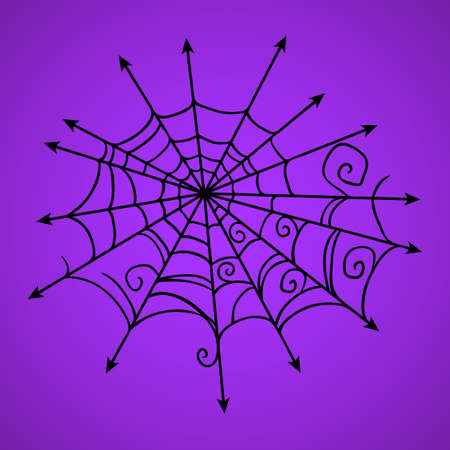 Hand drawn spiderweb Halloween greeting card celebration design element. Holiday vector illustration over purple.のイラスト素材
