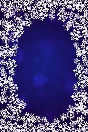 Christmas snowflakes blank frame vector illustration. Greeting card winter dark blue background with copy spaceのイラスト素材