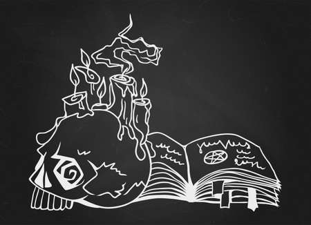 Skull, spell book and glowing candles. Hand drawn Halloween celebration design element symbol. Vector illustration in white over black chalkboard.のイラスト素材