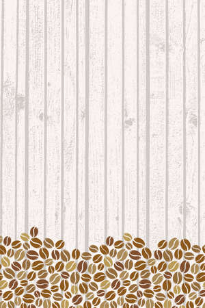 Roasted coffee beans over light wood blank frame. Graphic menu wooden rustic template vector illustration.のイラスト素材