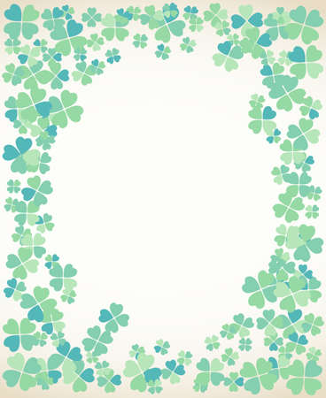 Saint Patrick's Day light vector frame with small green four-leaf clover shamrock leaves. Irish festival celebration greeting card design background.のイラスト素材