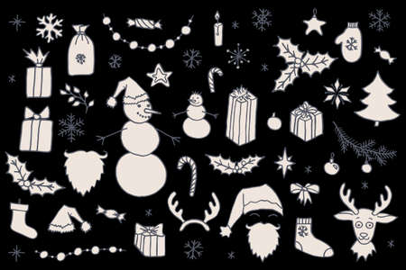 Set of vector Christmas hand drawn doodle elements isolated over black. Santa, tree, reindeer, snowman, snowflakes, gifts, decorations, holly, candle, stars.のイラスト素材