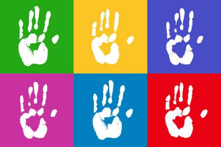 Colorful prints of human hands. Palm imprints in white over bright color. Vector grunge illustration. Unique, diversity concept.のイラスト素材