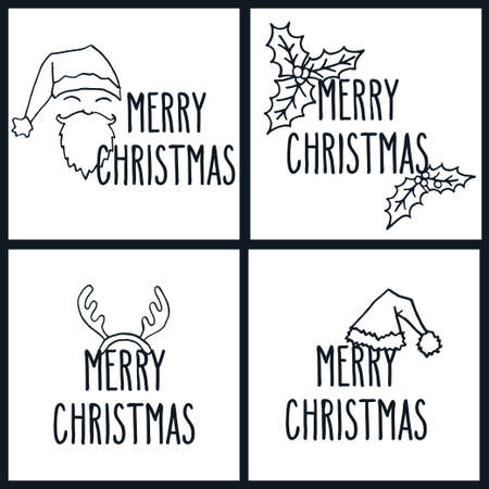 Merry Christmas hand drawn doodle greeting cards set. Winter holidays vector illustration in black over white.のイラスト素材