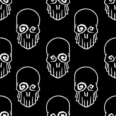 Vector Halloween doodle skulls seamless pattern in black and white. Design background for party poster. Hand drawn cartoon illustration.のイラスト素材