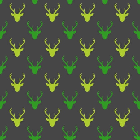 Seamless pattern with green deer heads. Vector nature wildlife animal dark background. Hunting trophy backdrop.のイラスト素材