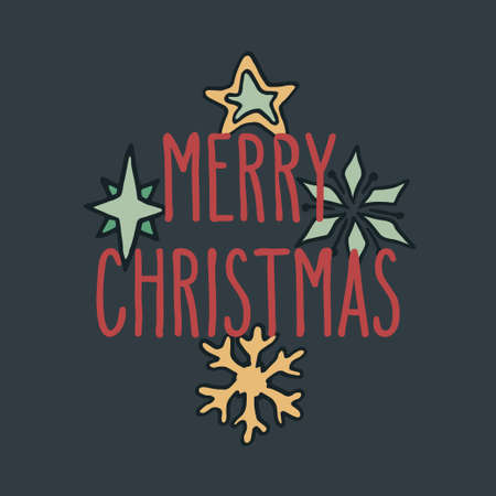 Merry Christmas hand drawn doodle greeting card with stars and snowflake. Winter holidays vector illustration. Red letters over dark gray background.のイラスト素材