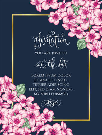 Vector botanical floral wedding invitation dark blue elegant card template with pink apple flowers and golden frame. Romantic design for greeting card, annivesary.のイラスト素材
