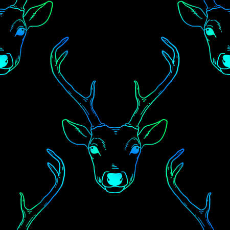 Seamless pattern with bright deer heads. Vector nature wildlife animal background. Hunting trophy dark backdrop.のイラスト素材