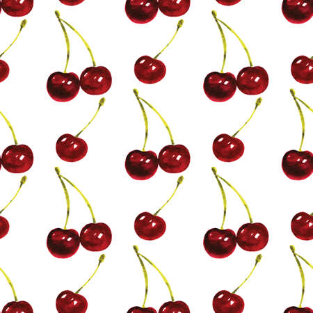 Seamless pattern with watercolor cherry berries isolated over white. Hand painted sweet summer...