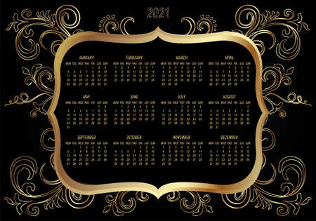 Year 2021 vector monthly golden modern calendar. Week starting from Monday. Antique gold floral frame design over blackのイラスト素材