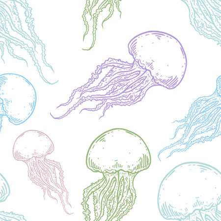 Hand drawn pastel jellyfish vector seamless pattern. Medusa with long tentacles background illustration over white. Sea nature, underwater life animal.のイラスト素材