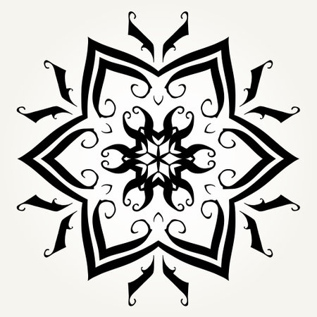 Ornate doodle round rosette in black over white backgrounds. Mandala formed with hand drawn calligraphic elements.のイラスト素材