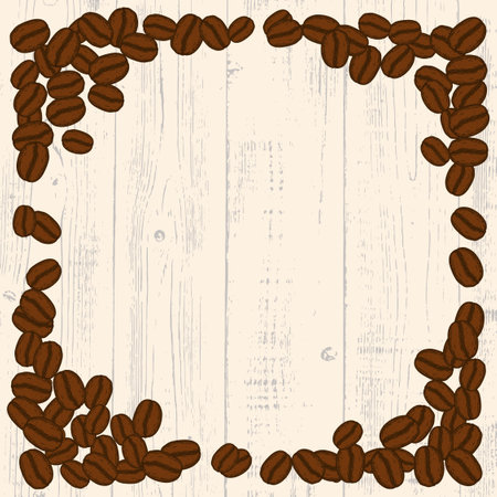 Scattered roasted coffee beans blank frame. Graphic menu template vector illustration. White wooden table background.のイラスト素材