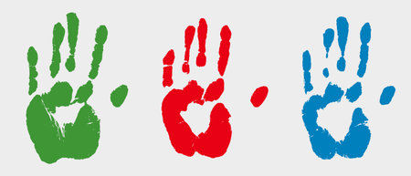 Colorful prints of human hands set. Palm multicolor imprints isolated over white. Vector grunge...