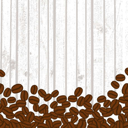 Scattered roasted coffee beans blank frame. Graphic menu template vector illustration. White wooden table background.のイラスト素材