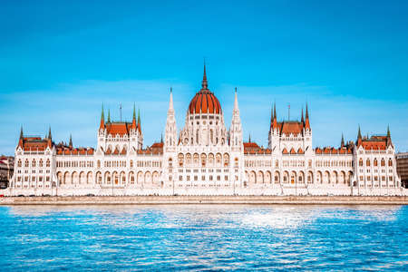 Hungary most famous landmark - beautiful Parliament building in Budapest. Day shot on good weather, straight view.の写真素材