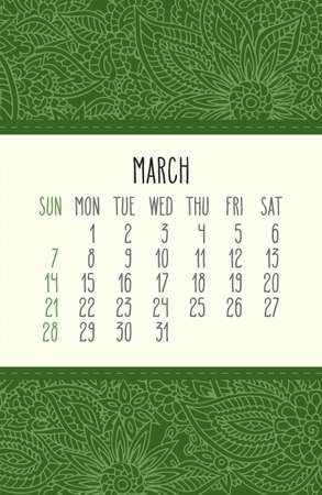 March 2021 vector monthly calendar over green lacy doodle ornate hand drawn floral background. Week starting from Sundayのイラスト素材