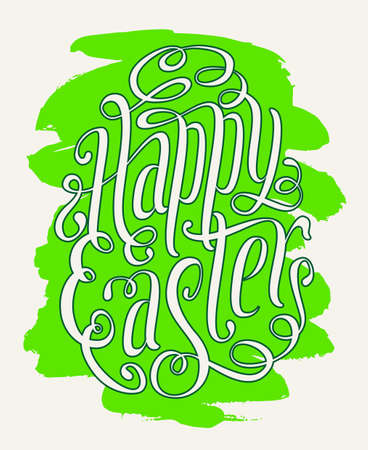 Happy Easter greeting card. Green egg symbol and hand drawn lettering vector spring illustration isolated over white.のイラスト素材