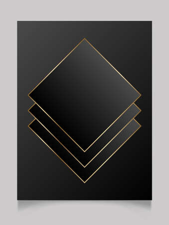 Golden and black shiny glowing blank frame. Gold metal luxury geometric border. Vector background illustration template.のイラスト素材