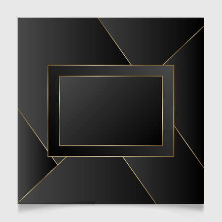 Golden and black shiny glowing blank frame. Gold metal luxury blank rectangle border. Vector background illustration template.のイラスト素材
