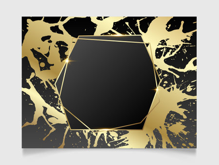 Golden and black shiny glowing polygonal frame. Gold paint splatter with metal luxury blank border. Vector background illustration template.のイラスト素材