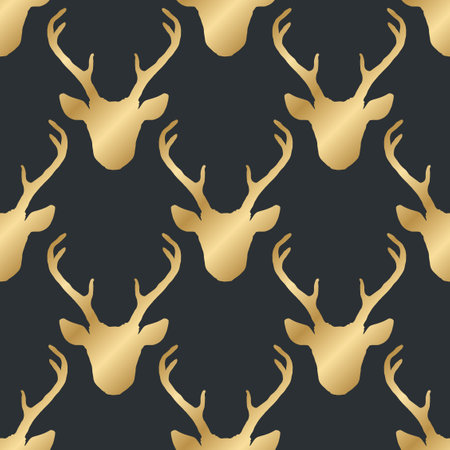 Seamless pattern with golden shiny deer heads silhouettes over black. Trendy vector background. Nature wildlife animal backdrop.のイラスト素材
