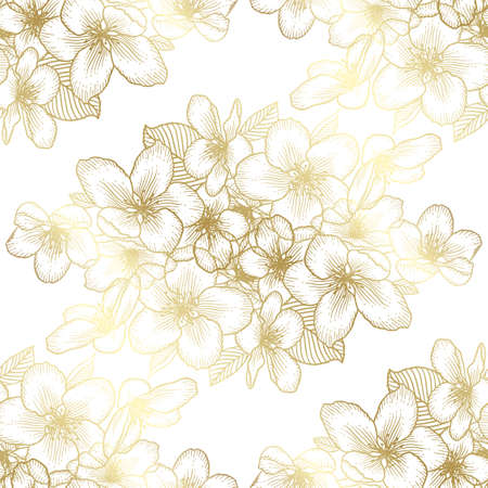 Beautiful golden seamless floral pattern with apple flowers over white. Nature botanical gold vector background illustration. Stock graphic design.のイラスト素材