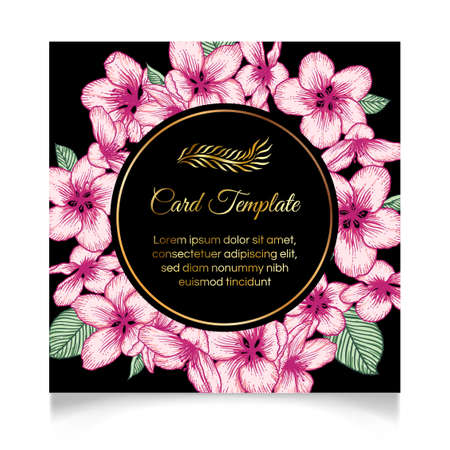 Vector botanical floral wedding invitation. Black elegant card template with pink apple flowers and golden frame. Romantic dark design for greeting card, annivesary.のイラスト素材