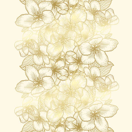 Beautiful golden seamless floral pattern with apple flowers over white. Nature botanical gold vector background illustration. Stock graphic design.のイラスト素材