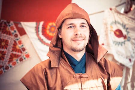 MOSCOW, RUSSIA - JUNE 23, 2013: Medieval man in period slavonic guard clothes during the great international yearly festival of historical reconstruction "Times and Epochs"のeditorial素材