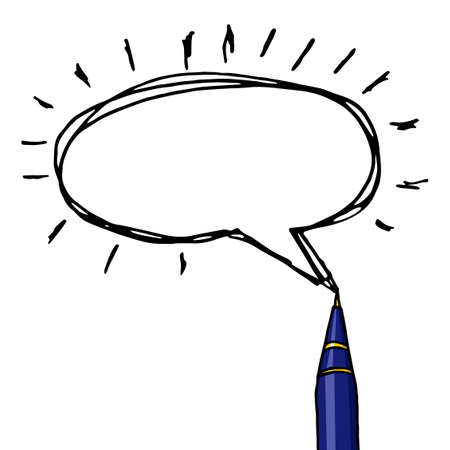 Speech bubble and a ballpoint pen isolated over white. Stationery hand drawn vector doodle illustration blank frame. Brainstorm idea concept.のイラスト素材