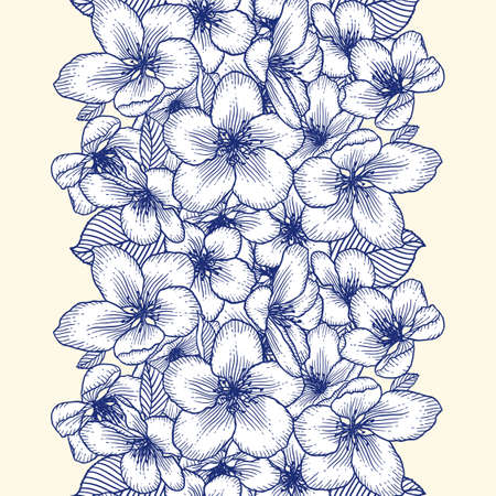 Beautiful seamless monochrome floral blue and white pattern with apple flowers. Nature botanical vector background illustration. Stock graphic design.のイラスト素材