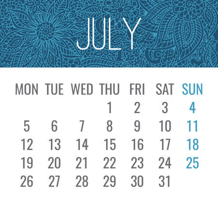July year 2021 vector monthly calendar over blue lacy doodle ornate hand drawn floral background. Week starting from Mondayのイラスト素材