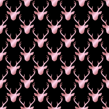 Seamless pattern with rose golden shiny deer heads silhouettes over black. Nature vector background. Wildlife animal backdrop.のイラスト素材